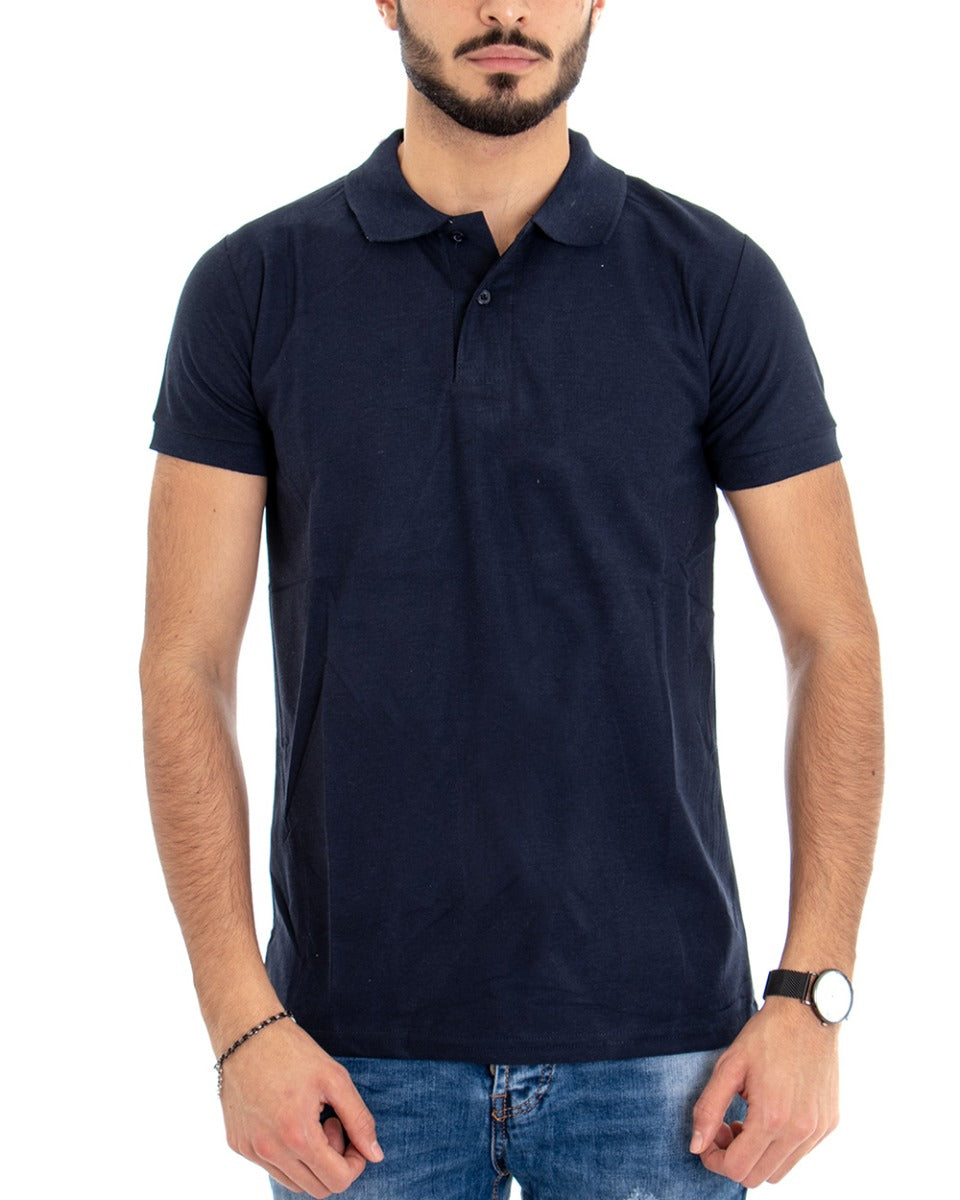 Men's T-shirt Polo Solid Color Blue Short Sleeve Button Collar Basic Casual GIOSAL-TS2975A