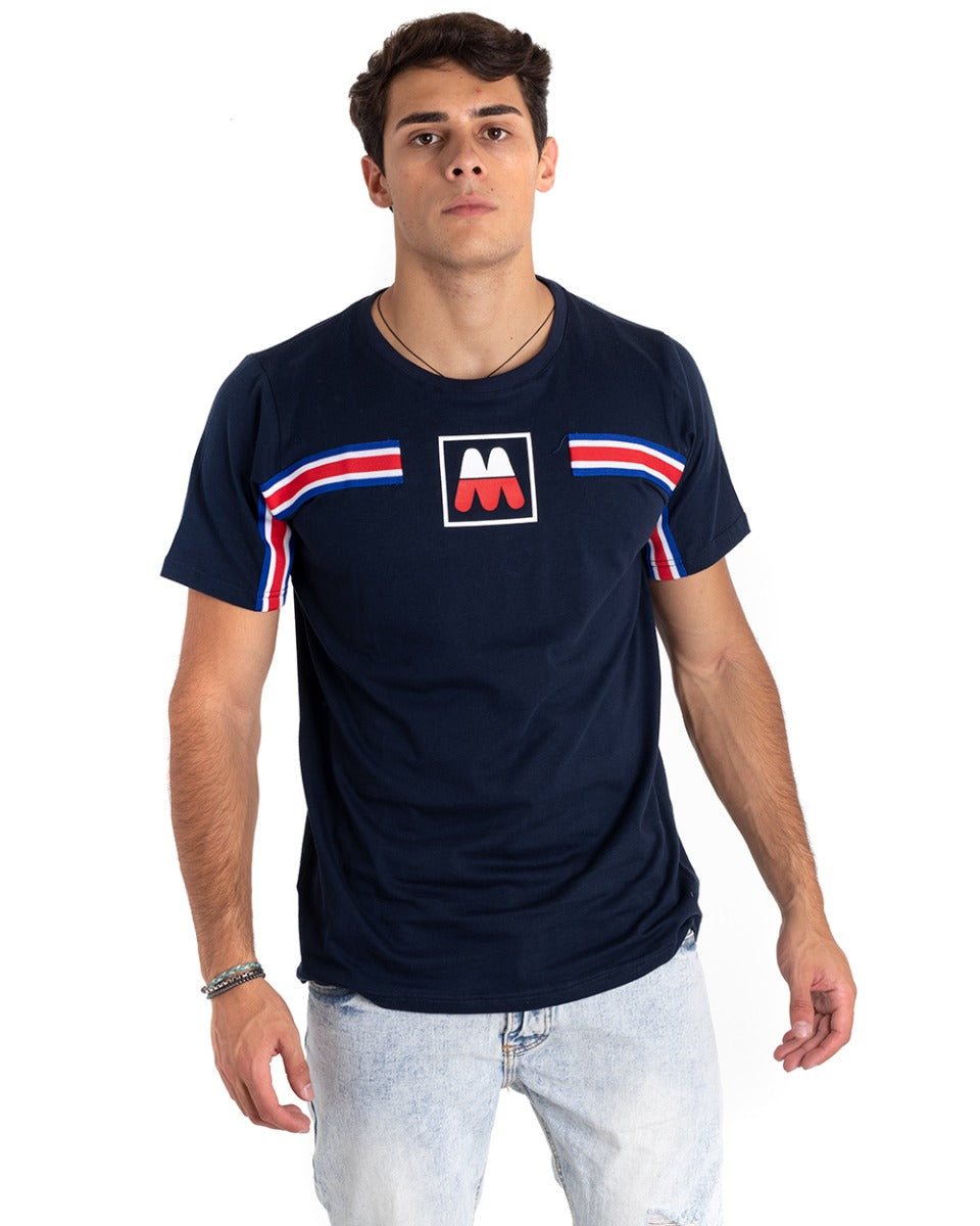 Men's T-Shirt MOD Blue Crew Neck Striped Print Cotton Short Sleeve GIOSAL TS2651A